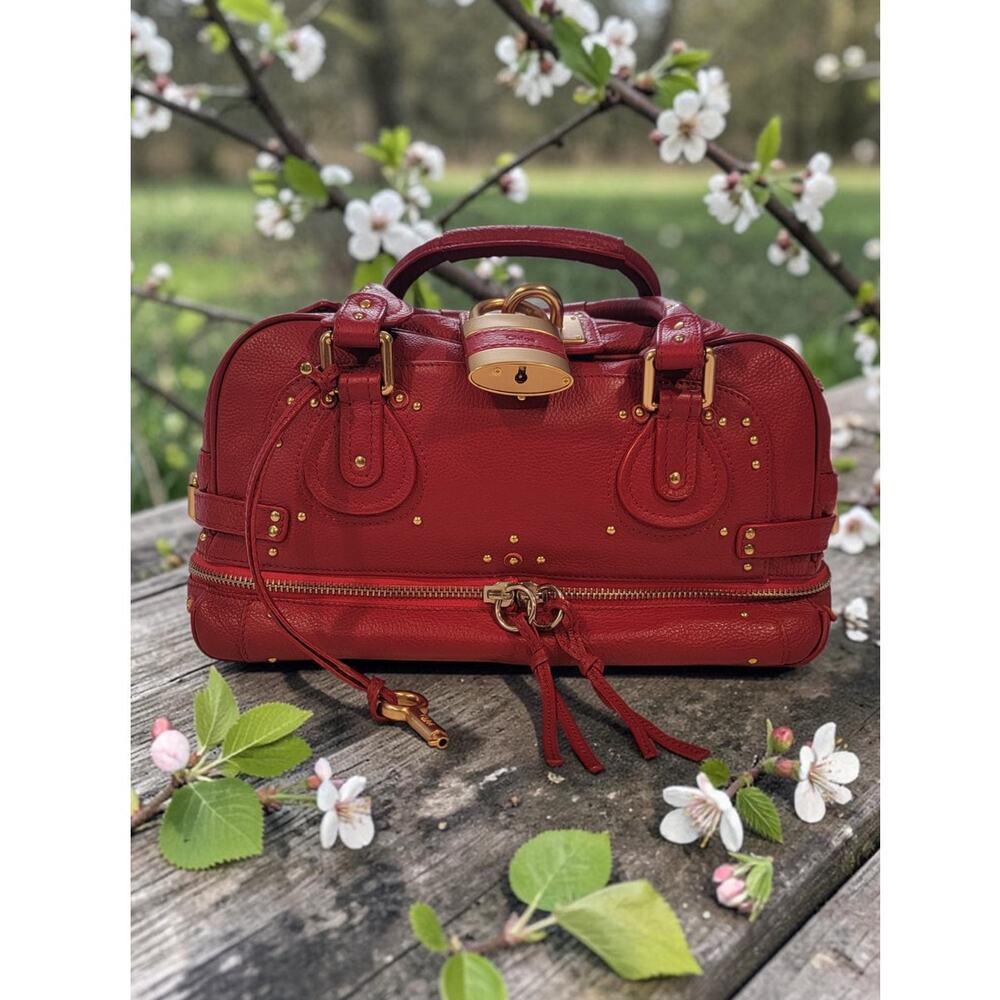 Chloé Paddington Red Leather Studded Satchel Lock Handbag